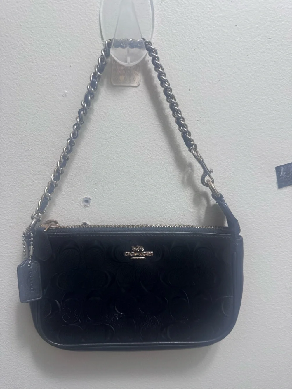 Coach nolita 19 patent Black Embossed Signature Mini Wristlet with Chain Strap